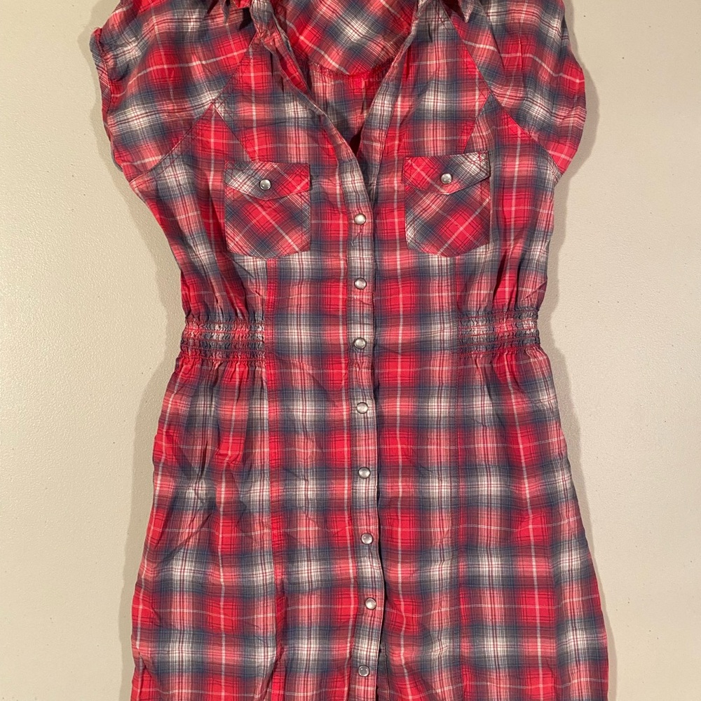Red Plaid Sleeveless Shirt Dress